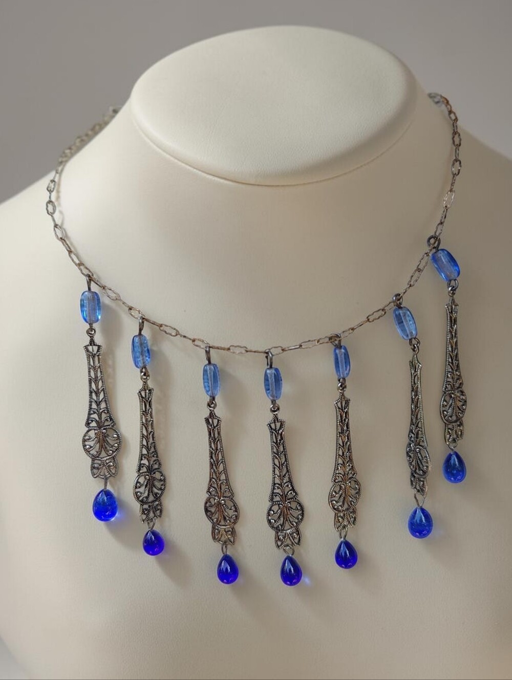 Antique 1920s Blue Czech Glass Victorian Style Choker Necklace